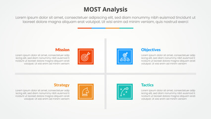 MOST analysis infographic concept for slide presentation with square base and cross line center with 4 point list with flat style