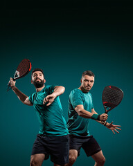 Two professional padel players with rackets on green background. Open social tournament template.