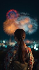 花火の背景と美女のポートレート
