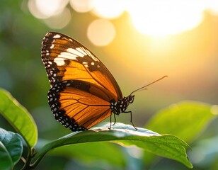 Fototapeta premium Stunning butterfly perched on leaf at sunrise nature photography calm environment close-up viewpoint