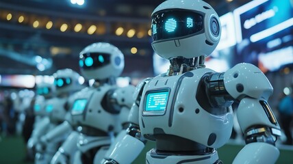 Futuristic humanoid robots compete in a soccer match at a high-tech stadium during an innovative sports event