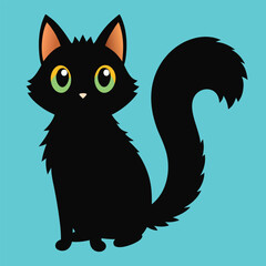 Detailed illustration of a fluffy black cat with a long tail