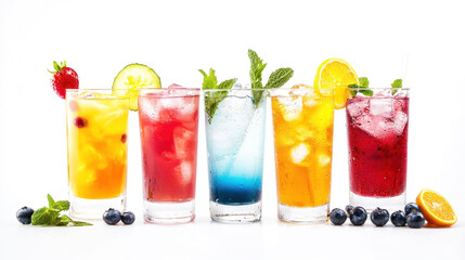 Five colorful cocktails with ice and garnishes on a white background.