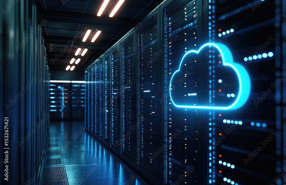 Aufkleber Glowing blue neon cloud icon on sleek data servers in a dark futuristic hallway with ambient lighting, symbolizing cloud computing, digital storage, and IT infrastructure systems