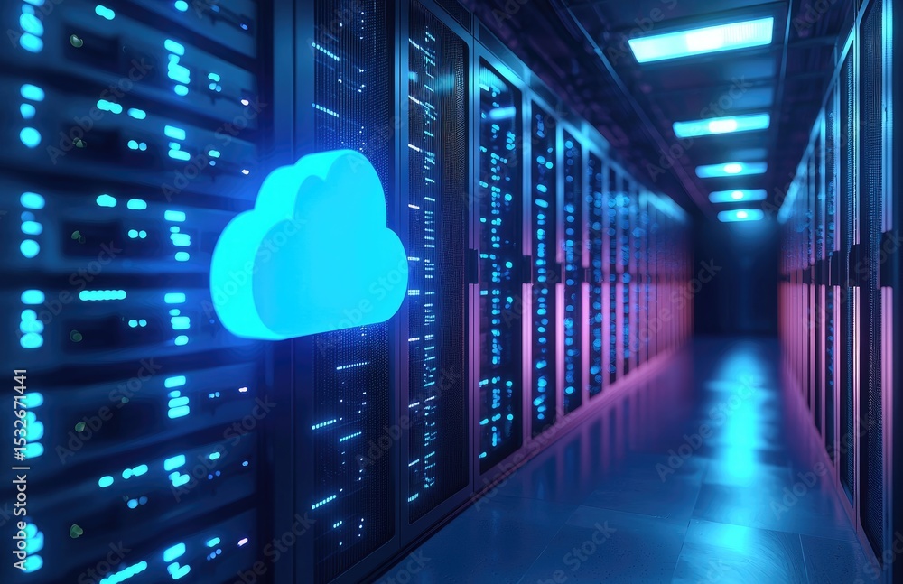 Poster blue 3d cloud icon glowing in a futuristic server hallway with purple and blue lights, symbolizing c