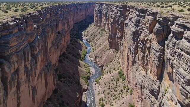 Aerial panorama capturing Rio Grande river serpentining through rugged Santa Elena Canyon, Big Bend Ranch State Park landscape