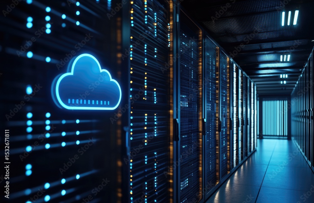 Poster blue cloud icon glowing on dark data server racks in a high-tech hallway with digital lights, ideal 