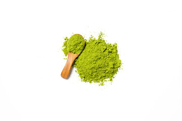 Top view green matcha tea powder isolated on white background