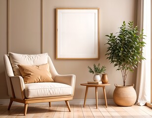 modern living room with sofa, armchair and a frame on background wall and plant in the room.