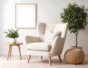 modern living room with sofa, armchair and a frame on background wall and plant in the room.