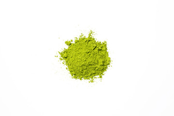 Top view green matcha tea powder isolated on white background