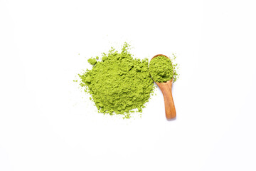 Top view green matcha tea powder isolated on white background