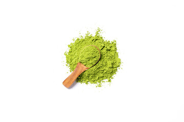 Top view green matcha tea powder isolated on white background