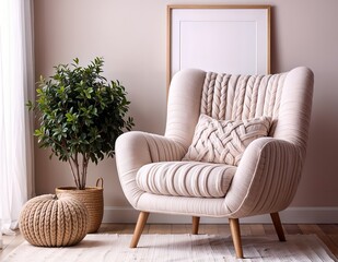 modern living room with sofa, armchair and a frame on background wall and plant in the room.
