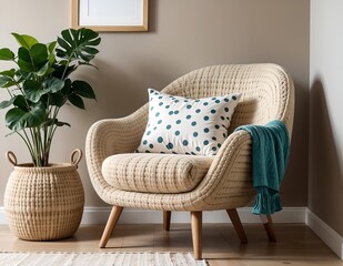 modern living room with sofa, armchair and a frame on background wall and plant in the room.