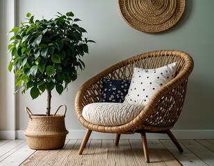 modern living room with sofa, armchair and a frame on background wall and plant in the room.