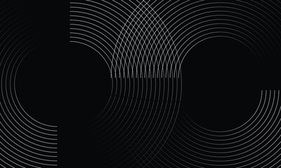 Abstract black background featuring symmetrical curved line patterns forming dynamic shapes and intersecting geometry. Ideal for modern tech, digital design, or futuristic visual concepts.