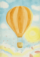 Vector hot air balloon in the blue sky with white clouds and pink rose petals on background