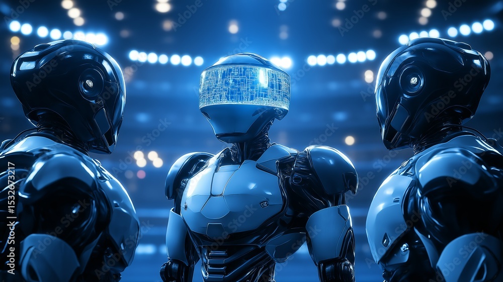 Poster futuristic robotics face-off in an advanced soccer match at a high-tech stadium