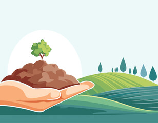 Hand holding fertile soil with small green sprout, illustrated in flat design style. Peaceful farmlands and soft clouds create a nature-inspired concept on a white background with space for text.