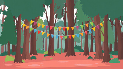 garland of flags in the forest, holiday, camping, children's camp, vacation, hike, recreation, trees, cartoon flat illustration, party