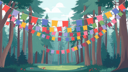 garland of flags in the forest, holiday, camping, children's camp, vacation, hike, recreation, trees, cartoon flat illustration, party