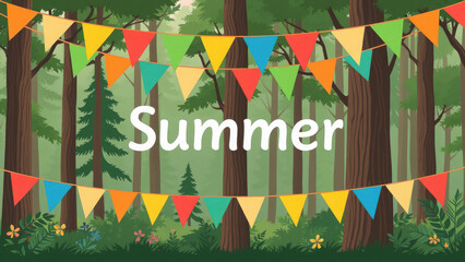 "Summer" inscription against the backdrop of a garland of flags in the forest, camping, children's camp, vacation, hike, recreation, trees, cartoon flat illustration