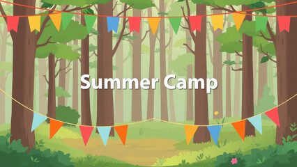 "Summer Camp" inscription against the backdrop of a garland of flags in the forest, camping, children's camp, vacation, hike, recreation, trees, cartoon flat illustration