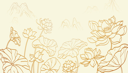 Hand drawn lotus and mountains background illustration
