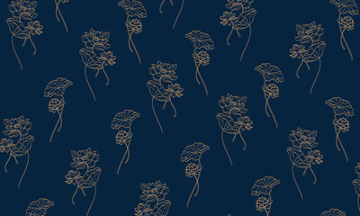 hand drawn blooming lotus and leaves pattern background