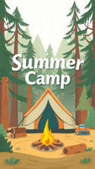 "Summer Camp" inscription on the background of a tent and a fire in the forest, camping, children's camp, vacation, hike, recreation, trees, cartoon flat illustration
