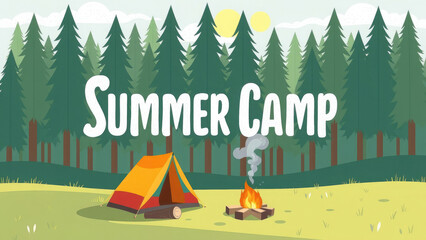 "Summer Camp" inscription on the background of a tent and a fire in the forest, camping, children's camp, vacation, hike, recreation, trees, cartoon flat illustration
