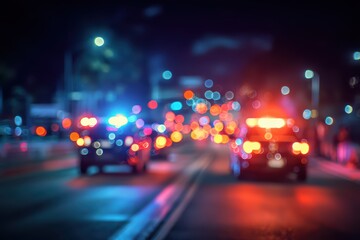 Police emergency response at night with siren lights and urgent vehicle action, red and blue alarm-lamp flashing in tense urban scene.