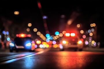 Blue and Red Police Car Light Bokeh in Nighttime Urban Scene - Emergency Response Motion Blur.