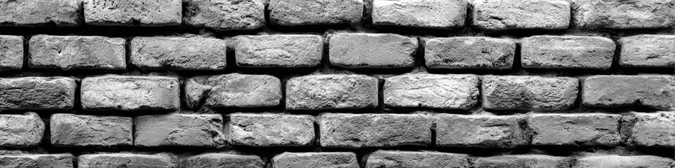Monochrome close up of a textured brick wall with visible mortar and weathered surfaces in a pattern