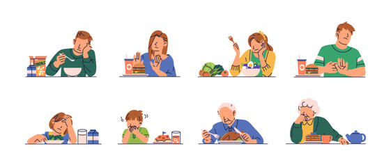 Set of people at every age with no appetite, refusing to eat and skipping meals for reasons such as dieting, health, illness, picky, and age. Flat vector illustration isolated on white background