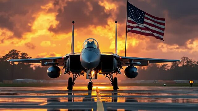 F-15 Eagle at sunset with American flag, powerful and patriotic image.