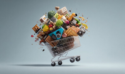 A shopping cart filled with various groceries and household items against a light blue background