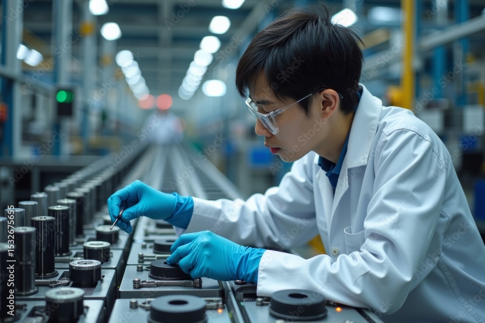 Poster focused asian engineer inspecting and fine-tuning components on a high-tech production line in photo