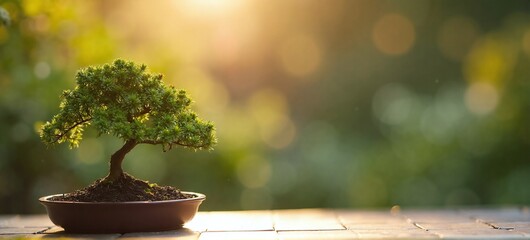 Serene Bonsai Tree in Sunlit Garden Setting