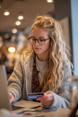 Woman with glasses using laptop and holding credit card in cafe with blurred background of lights