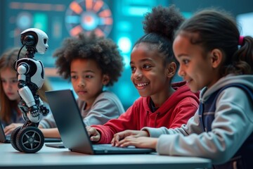 Diverse Group of Children Coding and Programming Robots in a High-Tech Classroom