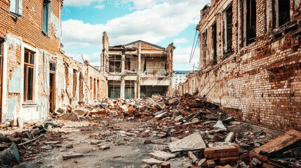 A dilapidated, abandoned building with a pile of rubble in the foreground and a partially collapsed building in the background under a blue sky with white clouds.