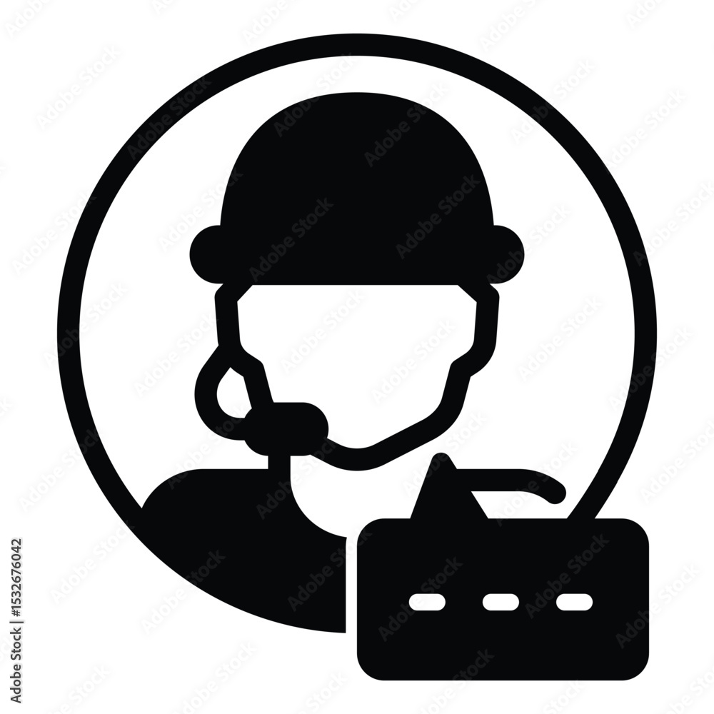 Poster assistant man with microphone and dialog solid icon, neural dataset concept. vector graphics. suppor