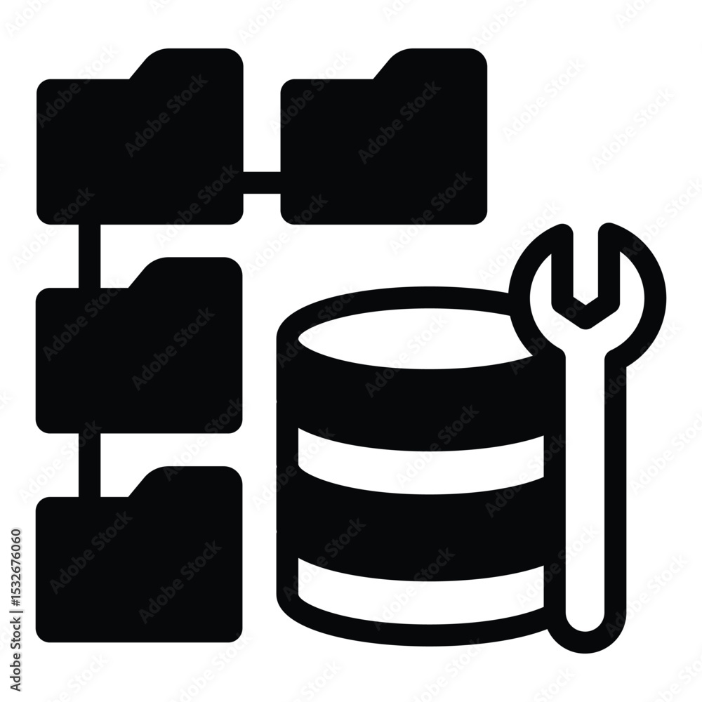 Poster wrench and database storage with folders solid icon, neural dataset concept. vector graphics. develo