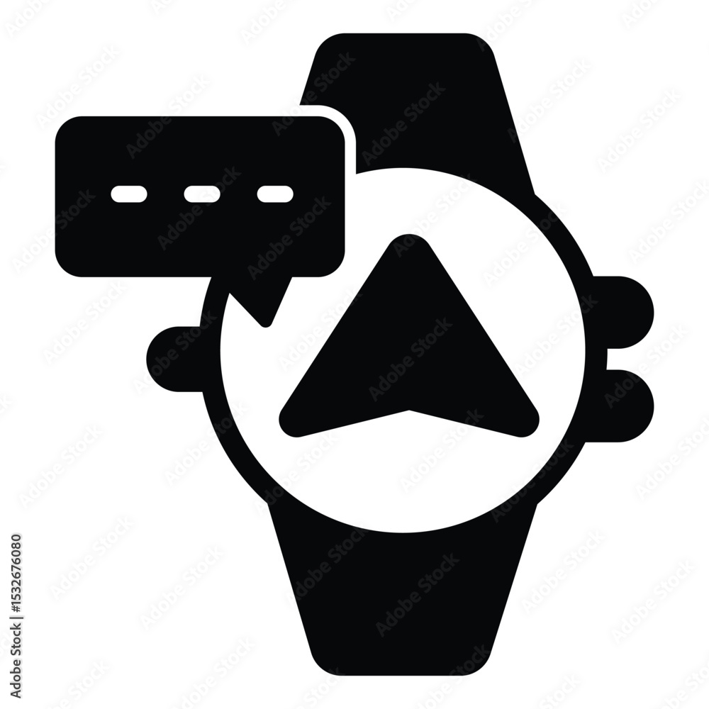 Poster smartwatch with navigation pointer and message solid icon, neural dataset concept. vector graphics. 