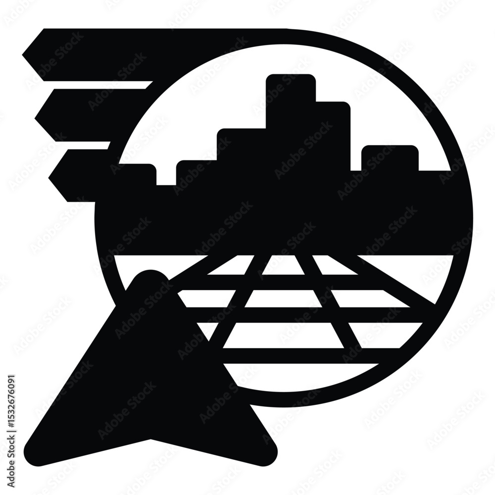 Poster city and bookmarks with navigation cursor solid icon, neural dataset concept. vector graphics. map d