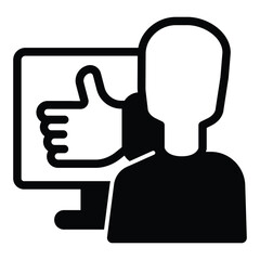 Man and monitor with thumb up hand solid icon, neural dataset concept. Vector graphics. User positive feedback data sign on white background, style mobile or design.