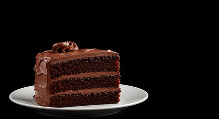 Delicious Slice of Chocolate Cake on Plate Isolated on Black Background Sweet Dessert Treat for Celebrations and Enjoyment