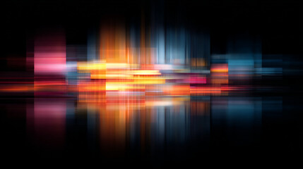 Abstract blurred city lights reflecting on water surface in a dark night time urban landscape view